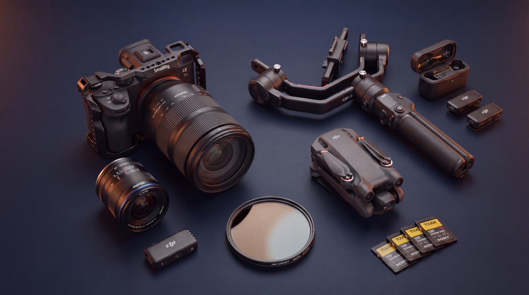 ACUL Gear Flatlay mit Sony A7S III im SmallRig Cage, Tamron 35-150mm, Laowa 12mm, DJI RS 5, DJI Mavic 4 Pro, DJI Mic 2, K&F ND Filter und Sony TOUGH SD Karten